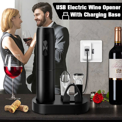 5 en 1 Abridor de Vinos Electrico con Cargador , base de carga, sacacorchos y  cortante.