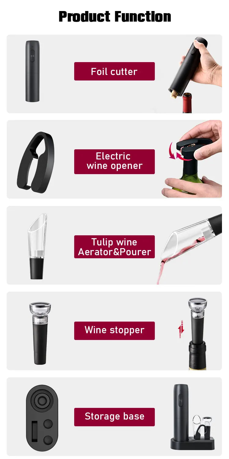 5 en 1 Abridor de Vinos Electrico con Cargador , base de carga, sacacorchos y  cortante.